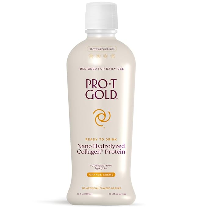 ProT Gold Liquid Collagen Protein Shot, 17g Clear Protein Nano-Hydrolyzed Grass Fed Collagen, 2g Arginine for Wound Support, Gluten Free, Sugar Free, 0g Carbs, Non GMO, Orange Creme, 30 fl oz Bottle