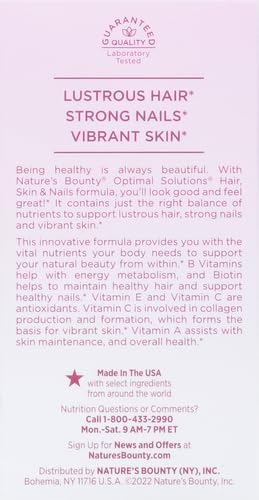 Nature's Bounty Optimal Solutions Hair, Skin & Nails Formula, with 3,000 mcg Biotin, 20 Total Servings, 60 Coated Caplets (Pack of 2)