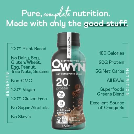 OWYN 100% Vegan Plant-Based Protein Shake, Cold Brew Coffee, 12 Pack, with 20g Plant Protein, Omega-3, Prebiotic supplements, Superfoods Greens Blend, Gluten-Free, Soy-Free, Non-GMO