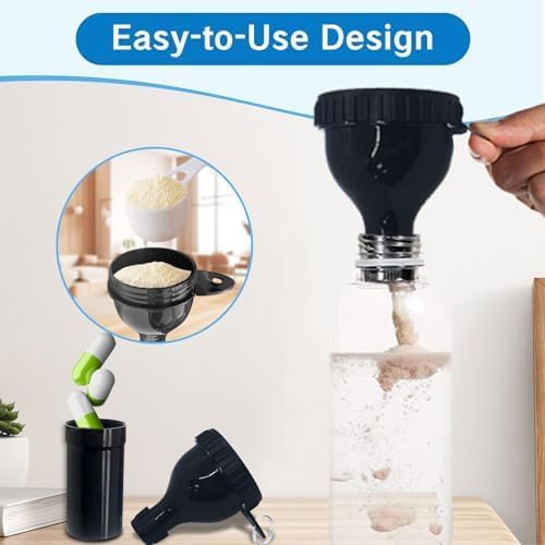 Protein Powder Container to Go Funnel with Aluminium Alloy Mini Pocket Pill Box and Carabiner Clip Supplement Funnel with Cap for Water Bottle Pre Workout Gym Mini Travel Funnels Shaker Cup