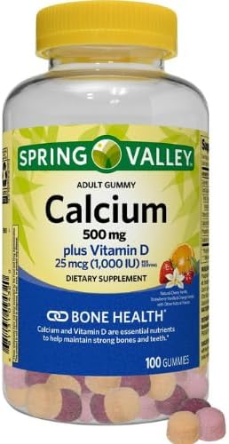 Spring Valley Calcium 500 mg Plus Vitamin D 25 mcg Bone Health Dietary Supplement Gummies, 100 Count + DRI Store Sticker.