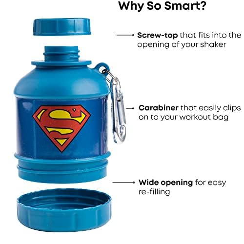 Smartshake Justice League Whey2Go Superman Protein Powder Storage Container 50g – BPA Free Shaker Bottle Funnel for Whey Protein Powder + Protein Shakes 110ml, DC Comics Superman Gifts for Men