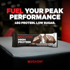 MUSASHI High Protein Bar, 45g Protein, 2g Total Sugars, Milk Chocolate Brownie, Post Workout and Protein Snack On The Go, 12 Pack of 3.2oz (90g) Bars