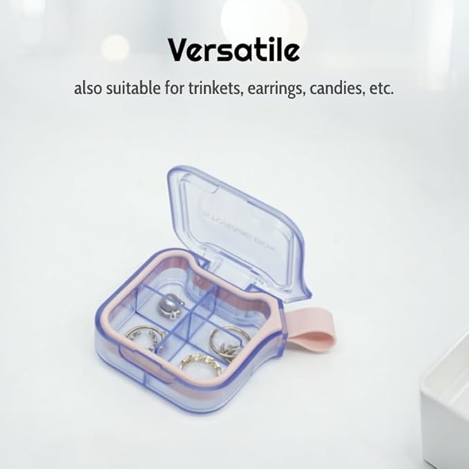 Small Stylish Pill Case for Women, Compact Vitamin Box, Portable Travel Pill Container, 4 Compartments Medications & Supplements Organizer (Purple)