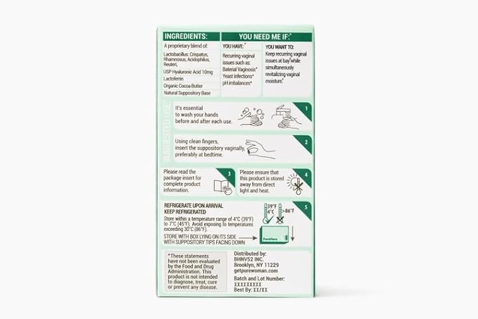 Pure Flora Vaginal Probiotic Suppository - 4 Strain Lactobacillus + Lactoferrin + USP Hyaluronic Acid - Promotes Healthy Vaginal Microbiome, Odor, BV, pH Balance, & Dryness Relief - Natural - 10 Count