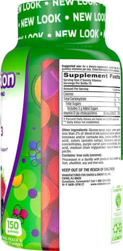 Vitafusion Vitamin D3 Gummies,Bone and Immune Support,Peach,BlackBerry,Strawberry Flavored,50 mcg D3 Gummy Vitamin Supplement,75 Day Supply,150 Count (Pack of 2)