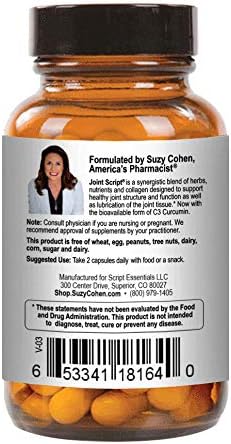 Suzy Cohen Joint Script Joint Support Supplement with Hyaluronic Acid, C3 Curcumin Turmeric Extract, MSM, Collagen Peptides, Ginger, and Boswellia for Maximum Flexibility, Tendon and Cartilage Health