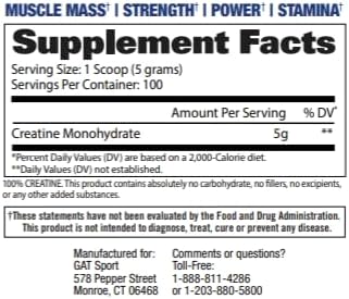 GAT SPORT Creatine Monohydrate 500 Gram Powder, Strength, Brain Health, Anti-oxidant, Endurance, for Men & Women, Unflavored, 100 Servings