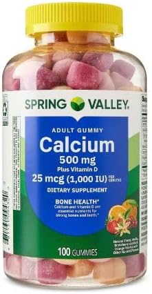 Spring Valley Calcium 500 mg Plus Vitamin D 25 mcg Bone Health Dietary Supplement Gummies, 100 Count + DRI Store Sticker.