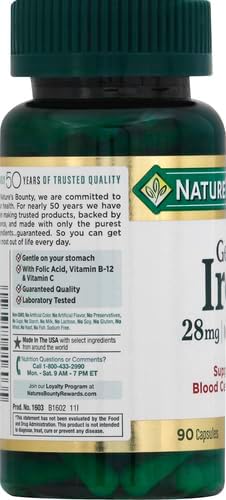 Nature’s Bounty Gentle Iron 28 mg Capsules with Vitamin C,Folic Acid,Vitamin B-12 Iron Supplement,Non-GMO,Gluten-Free,90 Count (Pack of 3)