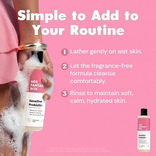 Her Fantasy Box | Sensitive Probiotic+ Gentle Cleanser – Fragrance-Free, pH Balanced Body Wash with Chamomile & Probiotic Lysates, Vegan & Cruelty Free, 8 oz