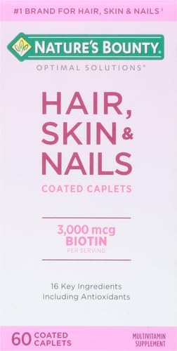 Nature's Bounty Optimal Solutions Hair, Skin & Nails Formula, with 3,000 mcg Biotin, 20 Total Servings, 60 Coated Caplets (Pack of 2)