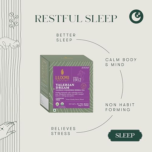 Luxmi Estates Valerian Dream | Organic Valerian Root Tea | Caffeine Free | Sleep and Relaxing | 25 Biodegradable Tea Bags | 50g/ 1.76oz