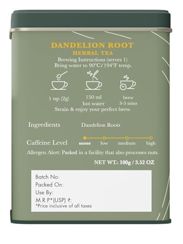 Luxmi Estates Pure Dandelion Herbal | Caffeine Free Detox Tea | Loose Leaf - 100g/3.52oz (50 Cups)