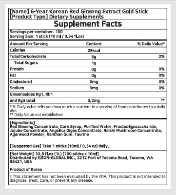 Korean Food 6-Year Korean Red Ginseng Extract Gold Stick, Traditional Ginseng Liquid Supplement, 33.8 fl oz Total (0.34 fl oz / 10 mL x 100 Sticks), Individually Wrapped, Gift Ready