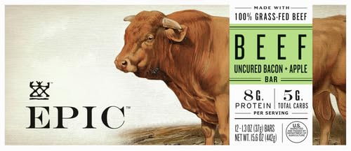 EPIC Beef Protein Bars, Uncured Bacon and Apple, Paleo Friendly, Gluten Free, Whole 30, 12 Ct, 15.6 oz