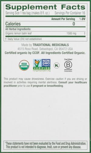 Traditional Medicinals Organic Lemon Balm Tea, Tea Bags | Herbal | Pack of 2 | 16 Count | Calming