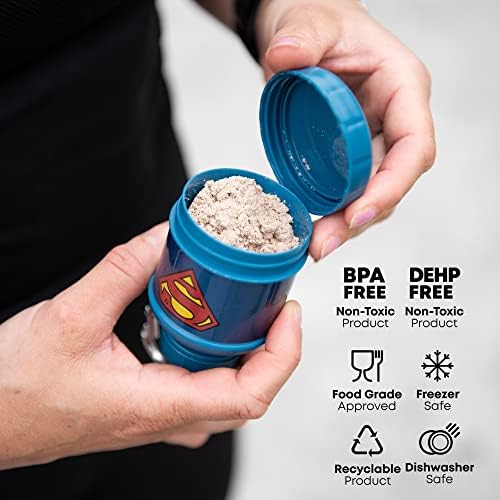 Smartshake Justice League Whey2Go Superman Protein Powder Storage Container 50g – BPA Free Shaker Bottle Funnel for Whey Protein Powder + Protein Shakes 110ml, DC Comics Superman Gifts for Men