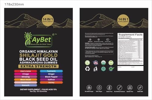 Organic Himalayan Shilajit Gold Gummies for Men and Women, Black Seed Oil, Ashwagandha, Ginseng, Turmeric, Gokshura, Lion's None, Lab Tested,%75 Fulvic Acid, No Sugar Added, Halal, 60Gummy