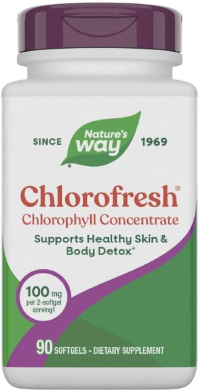 Nature’s Way Chlorofresh Chlorophyll Concentrate Softgels, Chlorophyllin Copper Complex, Internal Deodorant Supplement, Supports Healthy Skin and Detox Pathways*, 90 Softgels (Packaging May Vary)