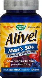 Nature's Way Alive! Men’s 50+ Premium Gummy Multivitamin, Supports Healthy Heart, Brain & Muscle Function*, B-Vitamins, Vegetarian, Grape, Orange and Cherry Flavored, 75 Gummies, (Pack of 2)