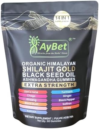 Organic Himalayan Shilajit Gold Gummies for Men and Women, Black Seed Oil, Ashwagandha, Ginseng, Turmeric, Gokshura, Lion's None, Lab Tested,%75 Fulvic Acid, No Sugar Added, Halal, 60Gummy