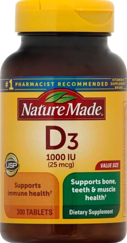 Nature Made Vitamin D3 1000 IU (25 mcg), Vitamin D Supplement for Bone, Teeth, Muscle and Immune Health Support, 300 Tablets, 300 Day Supply, (Pack of 2)