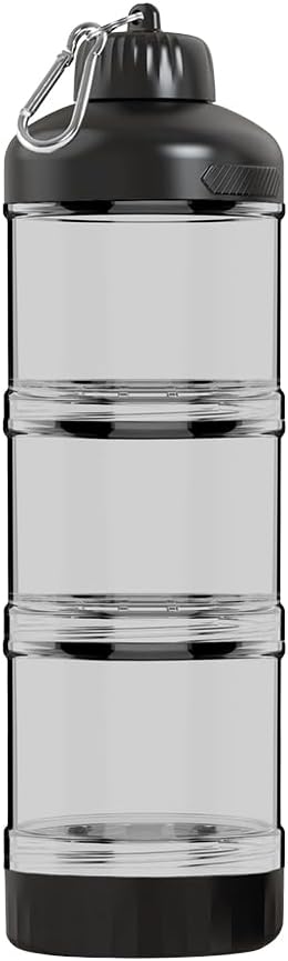 3-Layer Protein Powder Container with Funnel & Keychain, 50g Capacity Portable Supplement Dispenser, Leakproof Clear Stackable Organizer for Gym Travel Workout, BPA-Free Plastic (Black)