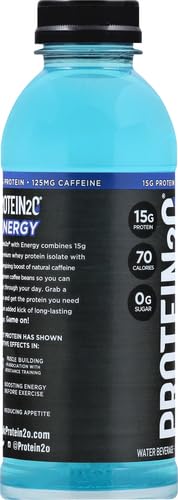 Protein2o 15g Whey Protein Isolate Hydration Drink Plus Energy & Focus,350mg Electrolytes,125mg Caffeine,Sugar Free,Blue Raspberry,16.9 oz Bottle,(Pack of 24)