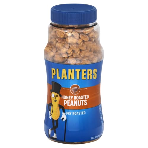 PLANTERS Honey Roasted Peanuts,Dry Roasted Peanuts,Party Snack,Plant-Based Protein,After School Snack,Sweet and Salty,Salted Nuts,Sea Salt & Honey,Snacks for Adults,Kosher,16oz Jar,(Pack of 4)