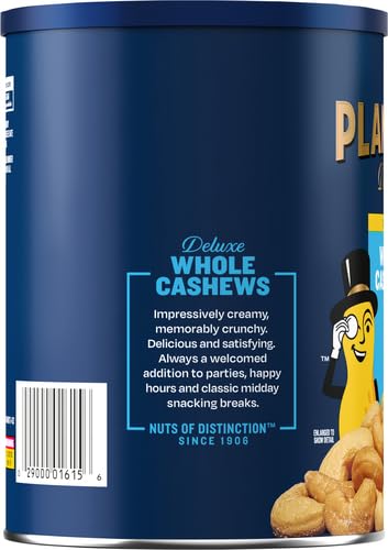 PLANTERS Deluxe Salted Whole Cashews,Party Snacks,Plant-Based Protein,Quick Snack for Adults,After School Snack,Roasted Cashew Flavored with Sea Salt,Bulk Nuts,Kosher,1 lb 2.25oz Canister,(Pack of 4)