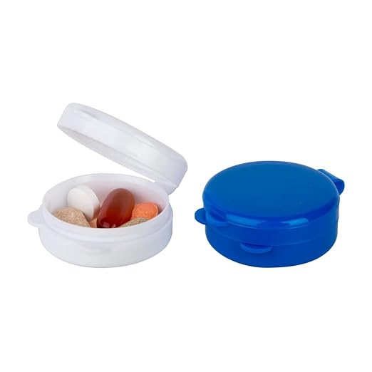 EZY DOSE Daily Round Pocket Pharmacy, Portable On-The-Go, Pill Box, Organizer and Vitamin Containers, Snap Shut Lids, Perfect For Traveling, Colors May Vary, 2 Pack, BPA Free