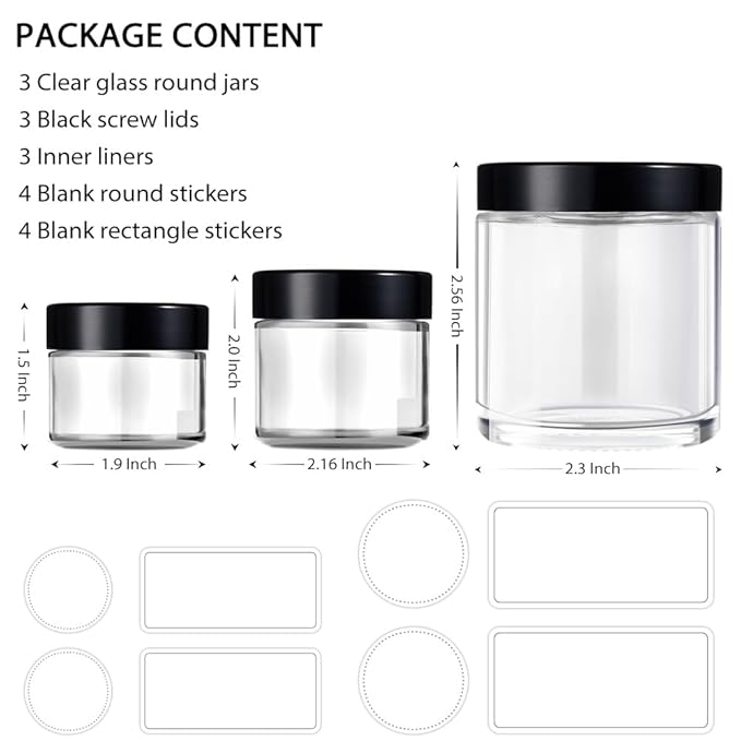 Small Glass Containers with Lids, Tecohouse 4 oz, 2 oz and 1 oz Clear Glass Jars with Lids & Inner Liners, Mini Travel Toiletries Container for Slime, Makeup, Cream, Lotion, Cosmetic - 3 pack