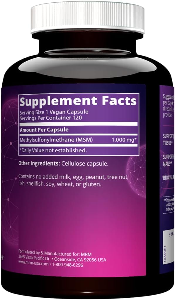 MRM Nutrition MSM 1000mg | Pure Methyl-sulfonyl-methane Capsules | Joint, Hair, Skin & Nail Support | Bioavailable Sulfur Supplement | Vegan + Gluten-Free | 120 Servings