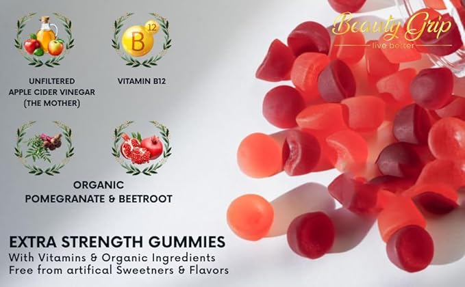 Apple Cider Vinegar Gummies with The Mother – Organic ACV + Pomegranate, Beetroot & B12 – Digestive, Detox & Energy Support – Vegan, Halal – 60 Gummies