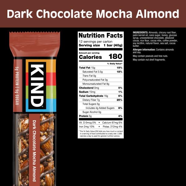 KIND Bars, Dark Chocolate Mocha Almond, Healthy Snacks, Gluten Free, Low Sugar, 5g Protein, 12 Count
