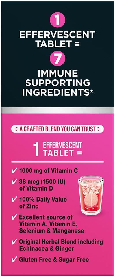 Airborne 1000mg Vitamin C with Vitamin D & Zinc, Sugar Free Multivitamin Immune Support Supplement, Antioxidants Vitamins A C & Vitamin E, 30 Effervescent Tablets, Very Berry Flavor