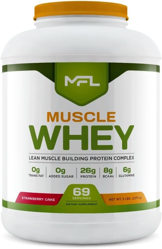 MFL Muscle Whey Protein l 28g of Protein l 8g BCAAs l Keto Friendly l Low Carbs l 5 lbs. (Strawberry Cake)