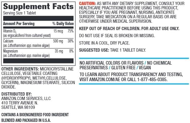 Amazon Elements Calcium plus Vitamin D, 500mg with D2 600IU, Vegan, Supports Strong Bones, 65 Tablets (Packaging may vary)