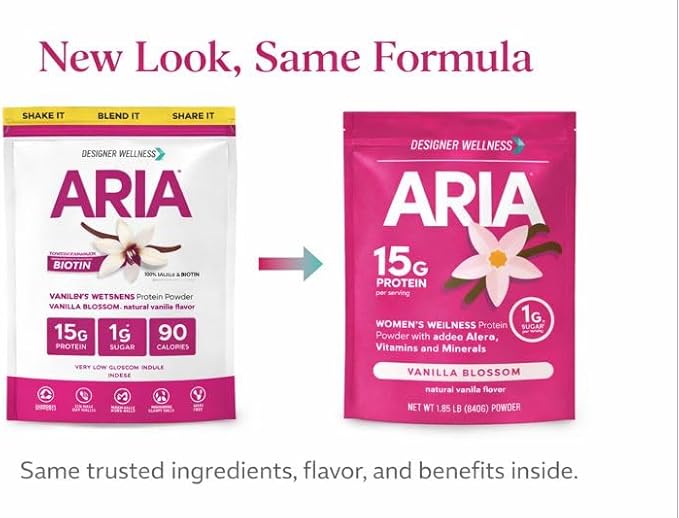 Designer Wellness, Aria, Women's Wellness Low Calorie Vanilla Protein Powder with Biotin, Vitamin C and Organic Aloe, Vanilla Blossom, 1.85 Pound