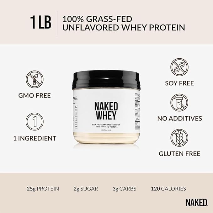 NAKED Whey 1Lb - Only 1 Ingredient, Grass Fed Whey Protein Powder, NSF Certified, Undenatured, No Gmos, No Soy, Gluten Free, Stimulate Growth, Enhance Recovery - 15 Servings