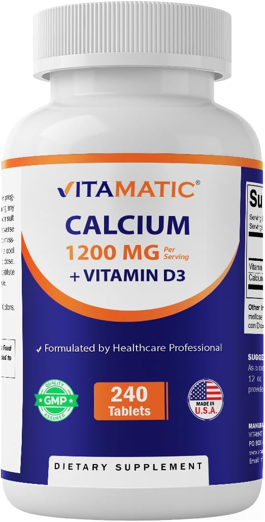 Vitamatic Calcium 1200mg with Vitamin D3 2000 IU (50mcg) – Bone & Immune Support Formula – 240 Tablets – High Absorption Calcium Carbonate with D3 – Non-GMO, Gluten-Free