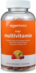 Amazon Basics Kids' Multivitamin Gummies, Cherry, Strawberry & Orange Flavors, 190 Count (Previously Solimo)