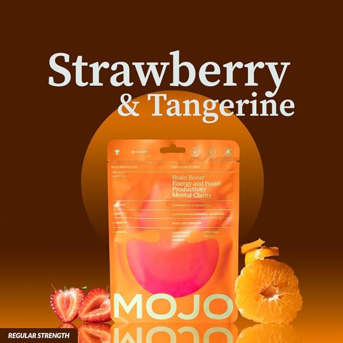 Mojo Focus Gummies with Lion’s Mane, Panax Ginseng, Ginger Root & Cordyceps, Brain Supplement for Memory and Focus, Nootropic Mushroom Gummies for Adults, Vegan Strawberry Tangerine, 3 Pack