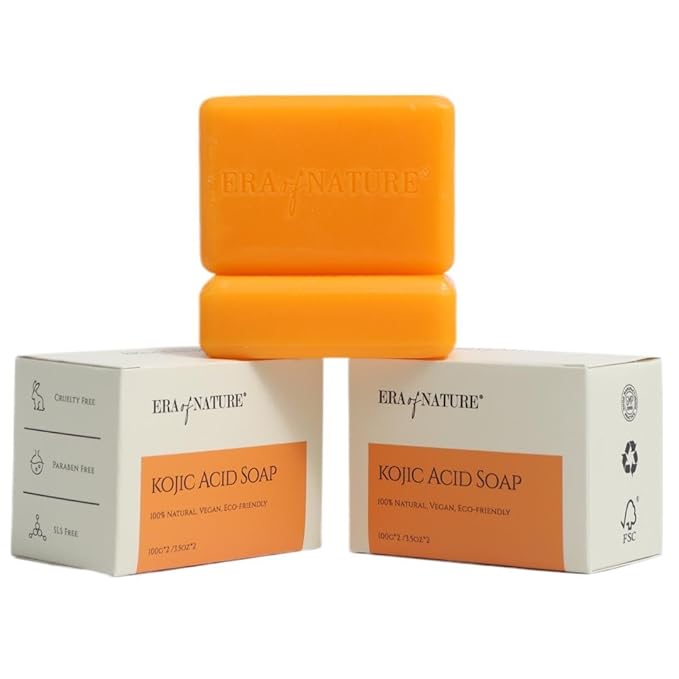 era of nature Turmeric Kojic Acid Soap for Dark Spots – Gentle Brightening Bar for Face, Underarms, Inner Thighs & Bikini Area – Vitamin C + Shea Butter – Moisturizing Soap, 2 x 100g
