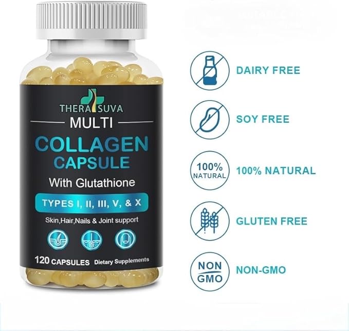 TheraSuva Complete Multi Collagen Complex – Types I, II, III, V & X + Biotin & Vitamin C – Hair, Skin, Nails & Joint Support, 2 Month Supply, 120 Softgels