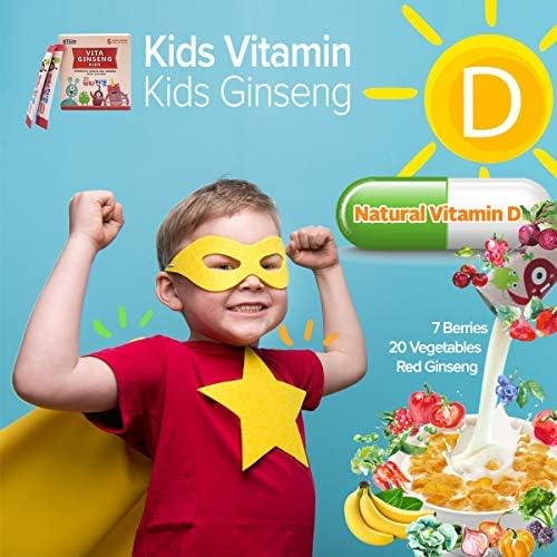 Vita Ginseng Kids, Vitamin D, Zinc, 7 Berries, Banana, 20 Vegetables, Milk Powder for Immune Support, Focus and Memory Boost, 30 Packets (1Set)