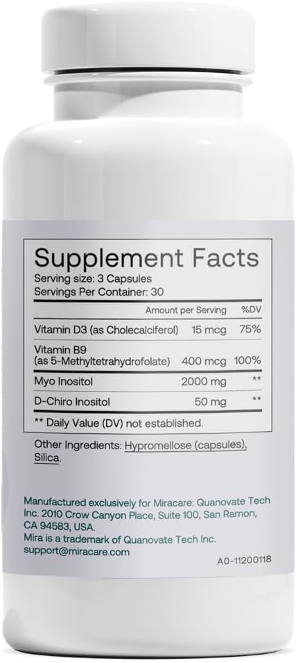 MIRA PCOS Supplement, Myo Inositol & D-Chiro Inositol 40:1 Ratio, Helps Promote Hormonal Balance and Support Ovarian Health & Metabolism, 90 Capsules (30 Servings), 1 Bottle