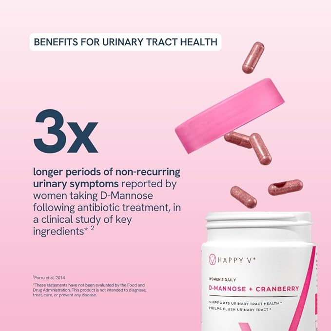 Happy V Dr. Formulated D-Mannose with Cranberry Pills for Women Cranberry for Urinary Tract infections & D Mannose Powder for UTI Infection Prevention, Bladder & Urinary Tract Health & Harmony