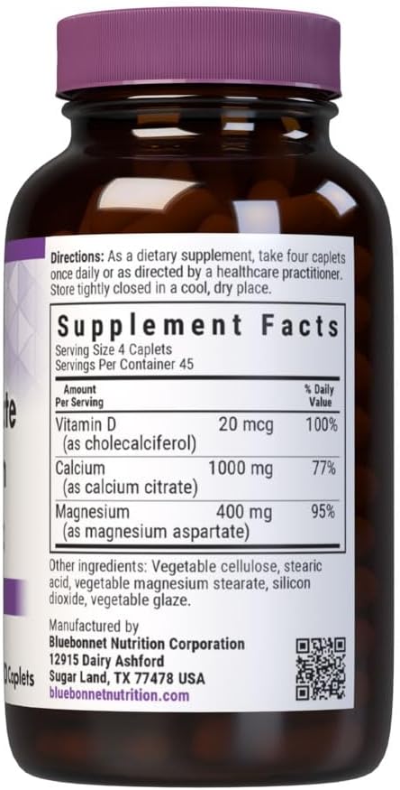 Bluebonnet Nutrition Calcium Citrate Magnesium Plus Vitamin D3 Caplets, Bone Health & Muscle Relaxation, Non GMO, Gluten, Soy & Milk Free, Kosher, White, Unflavored, 180 Count